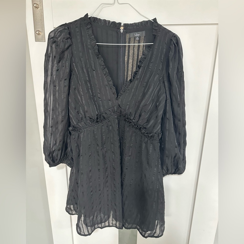 Lulu’s Long Sleeve Shear and Shiny Black Dress. Medium